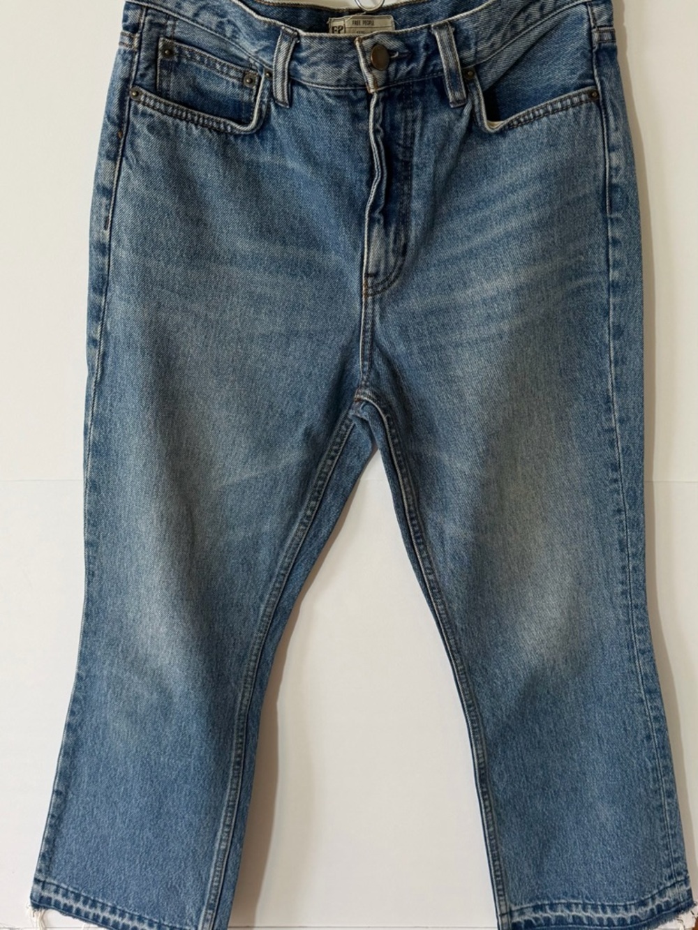 Free People High Waist Jeans Raw Hem Cropped Blue 100% Cotton Size 27